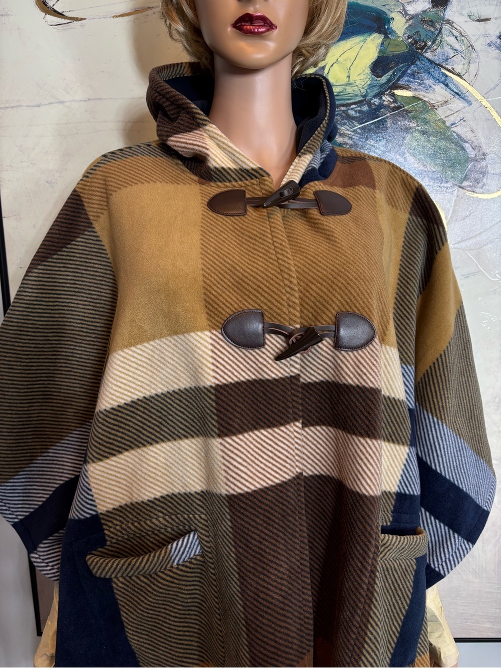 RACHEL Rachel Roy Hooded Plaid Poncho Sweater in Brown, Navy & Cream - Picture 4 of 15